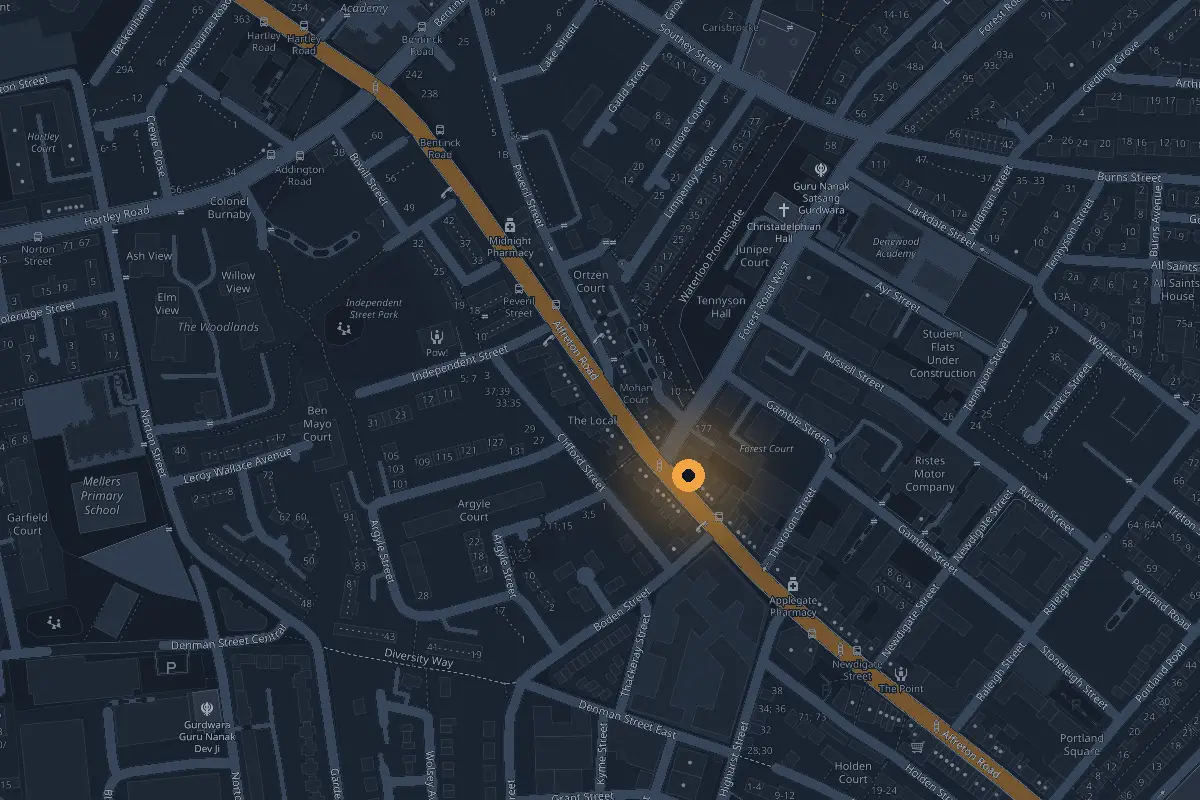 Street map of Radford showing Unity Barbers on Alfreton Road